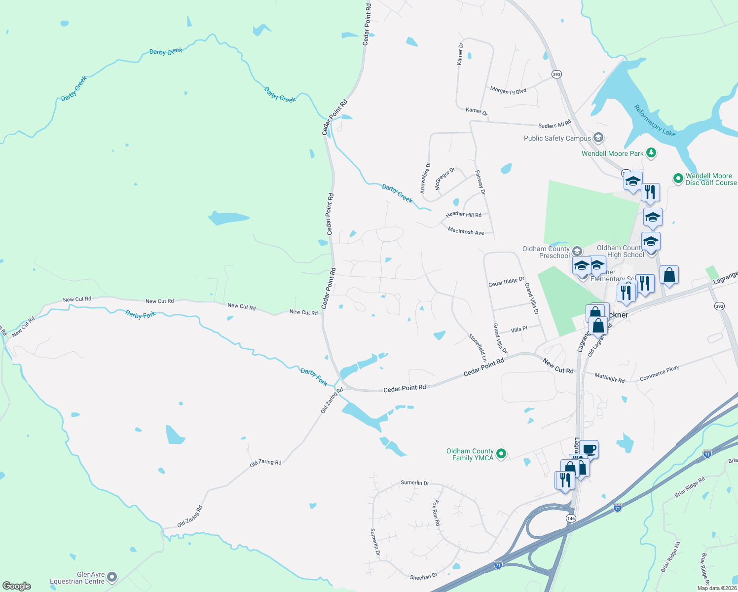 map of restaurants, bars, coffee shops, grocery stores, and more near 2701 Cedar Point Road in La Grange