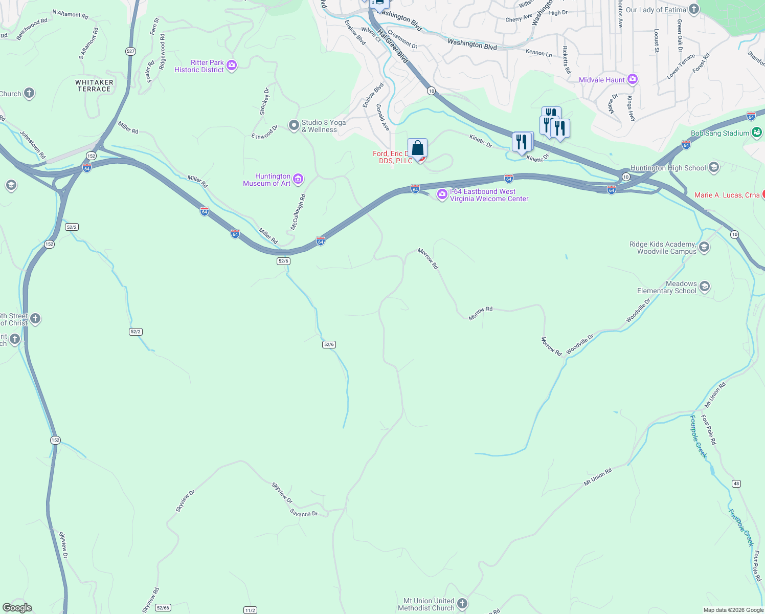 map of restaurants, bars, coffee shops, grocery stores, and more near 3258 McCoy Road in Huntington