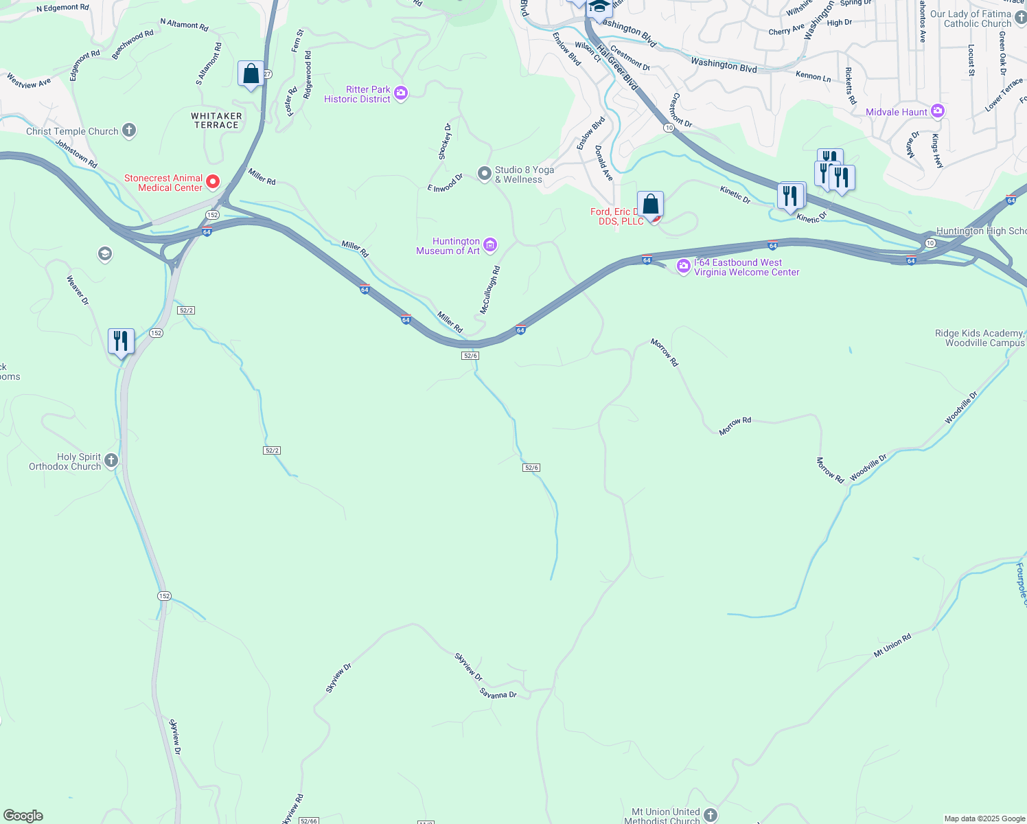 map of restaurants, bars, coffee shops, grocery stores, and more near 2296 Miller Road in Huntington