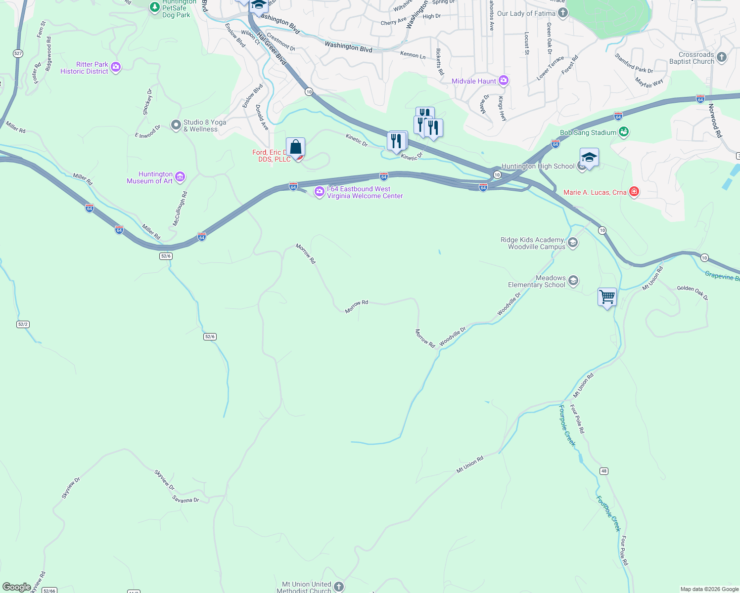 map of restaurants, bars, coffee shops, grocery stores, and more near 3686 Morrow Road in Huntington