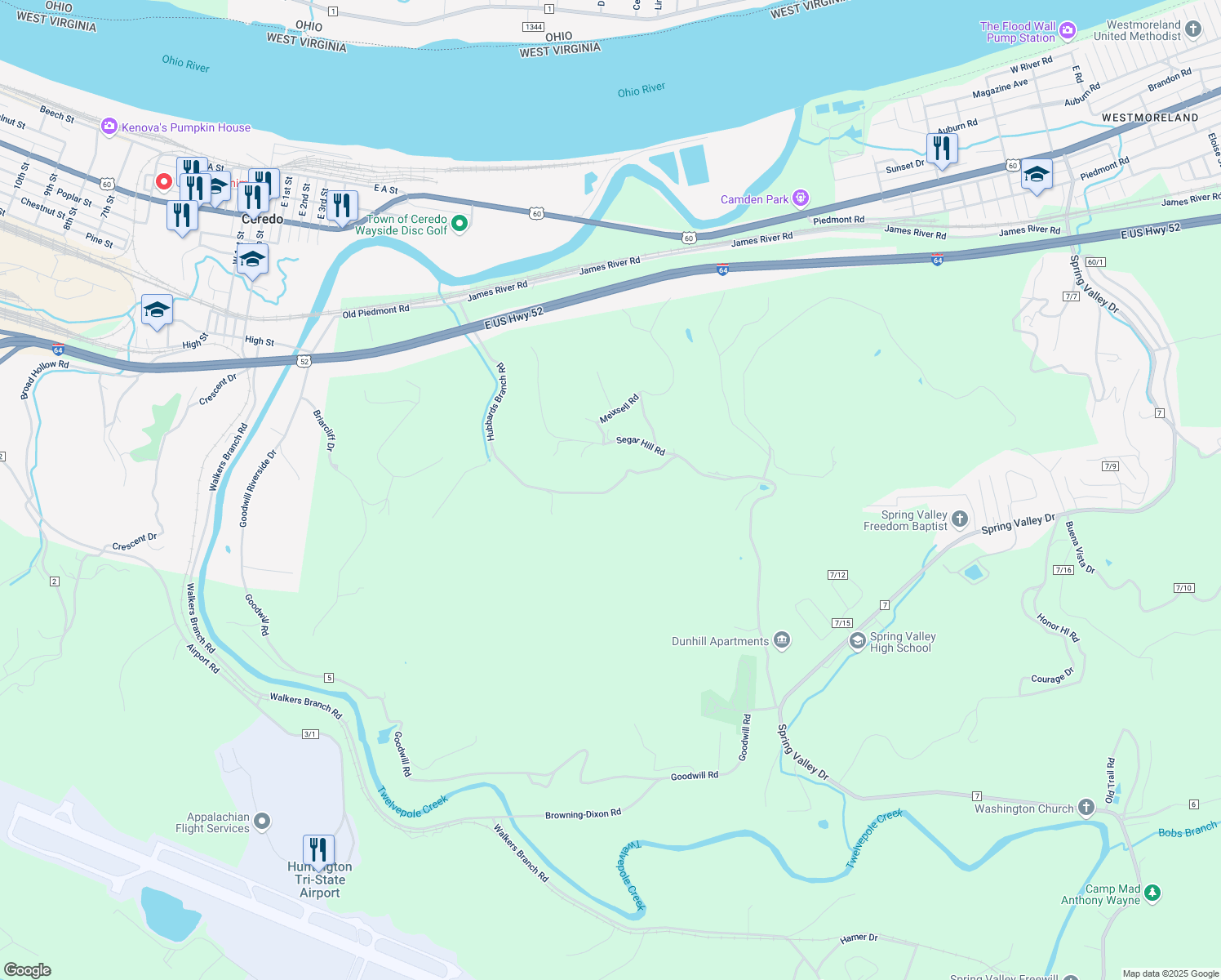 map of restaurants, bars, coffee shops, grocery stores, and more near Hubbards Branch Road in Wayne County