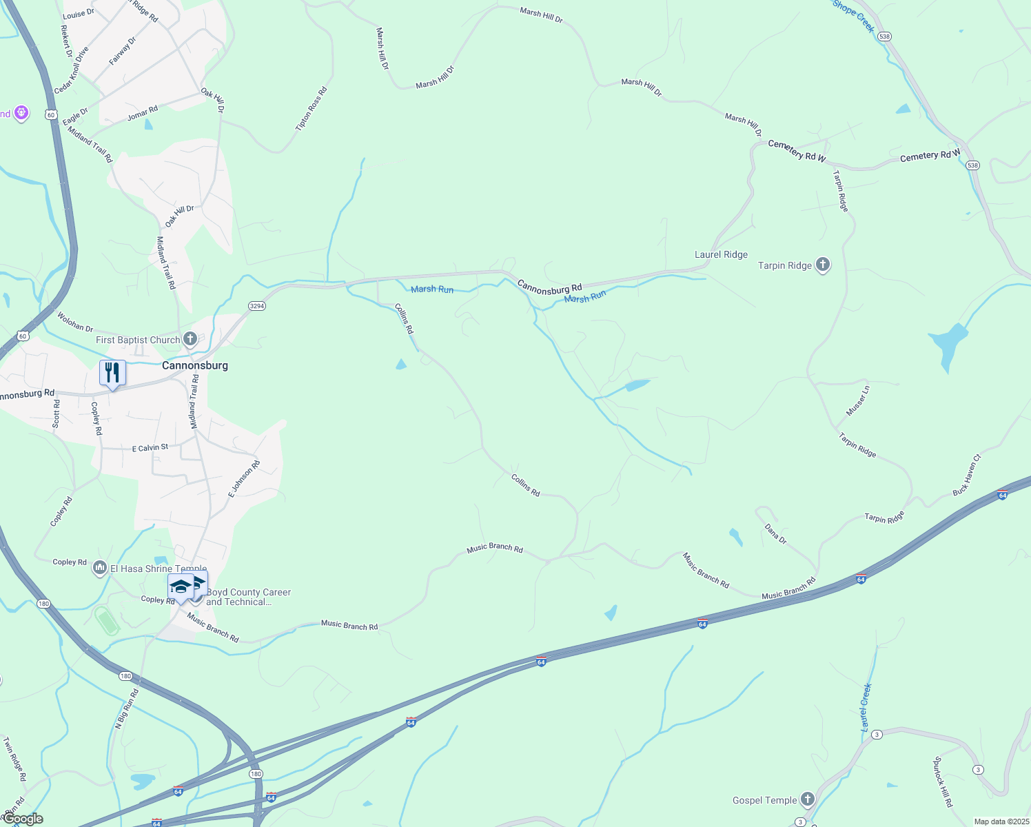map of restaurants, bars, coffee shops, grocery stores, and more near 12803 Collins Road in Catlettsburg