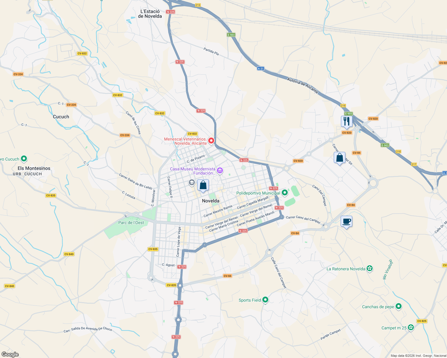 map of restaurants, bars, coffee shops, grocery stores, and more near 5 Calle Sirera y Dara in Novelda