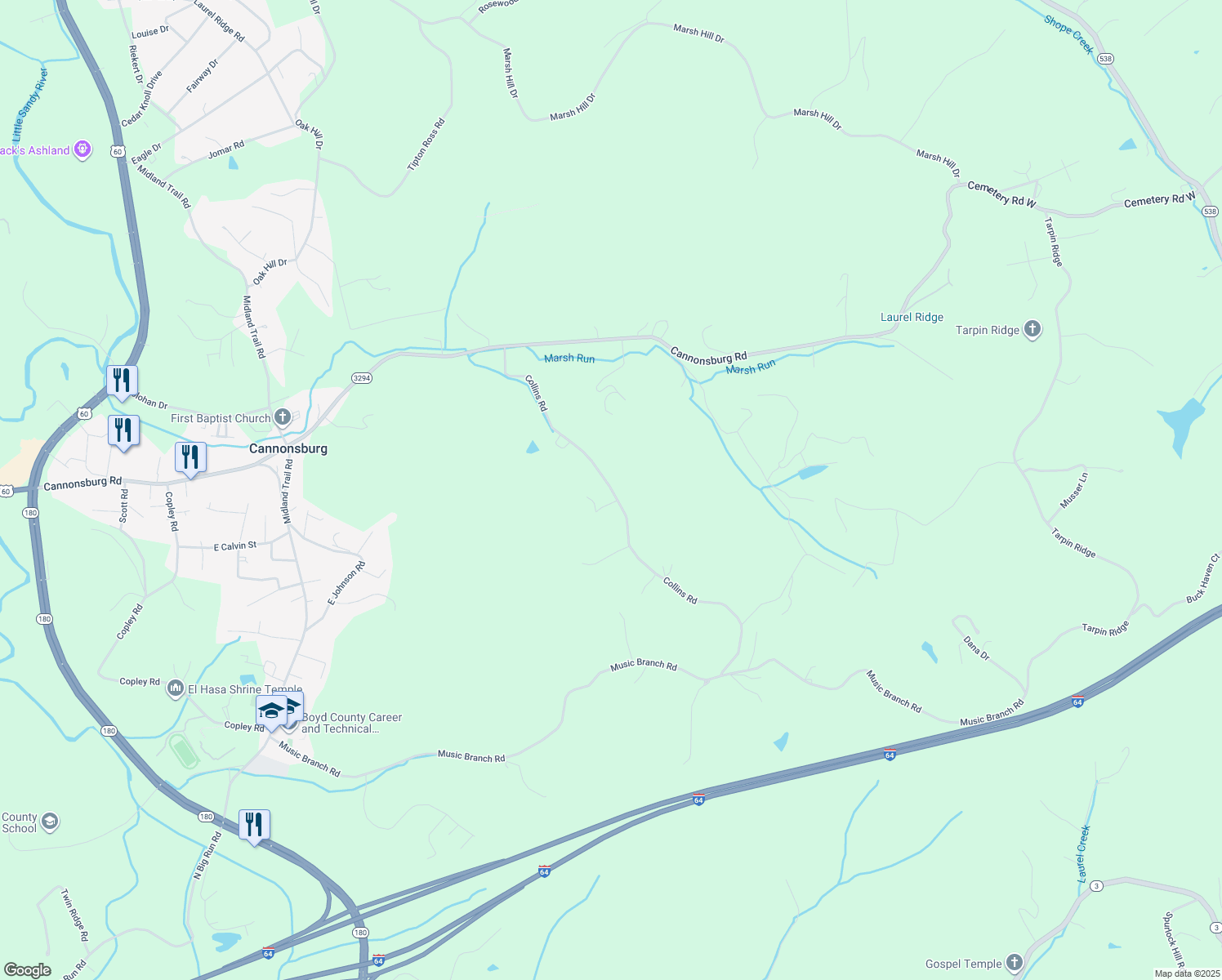 map of restaurants, bars, coffee shops, grocery stores, and more near 12803 Collins Road in Catlettsburg