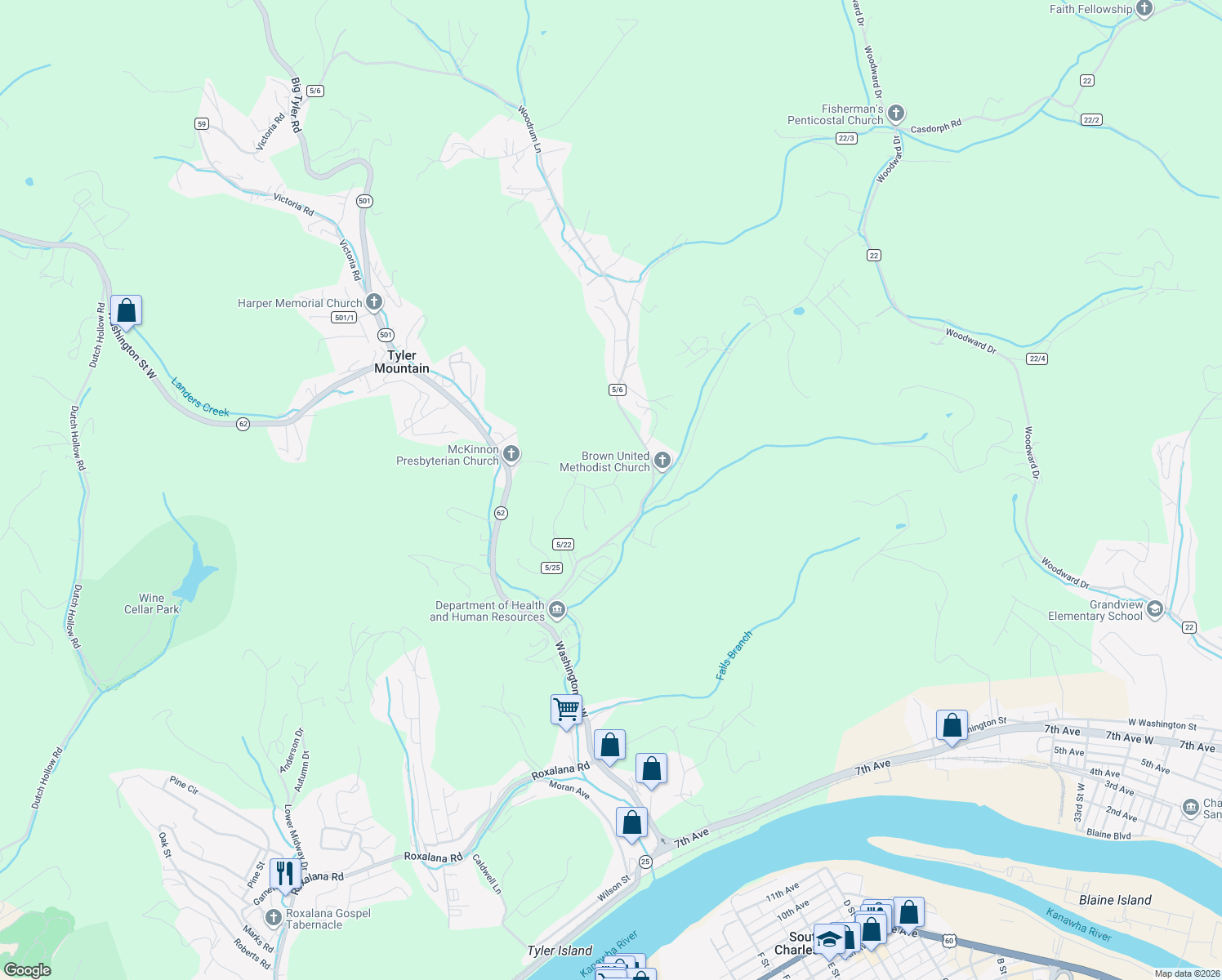 map of restaurants, bars, coffee shops, grocery stores, and more near Hackberry Lane in Charleston