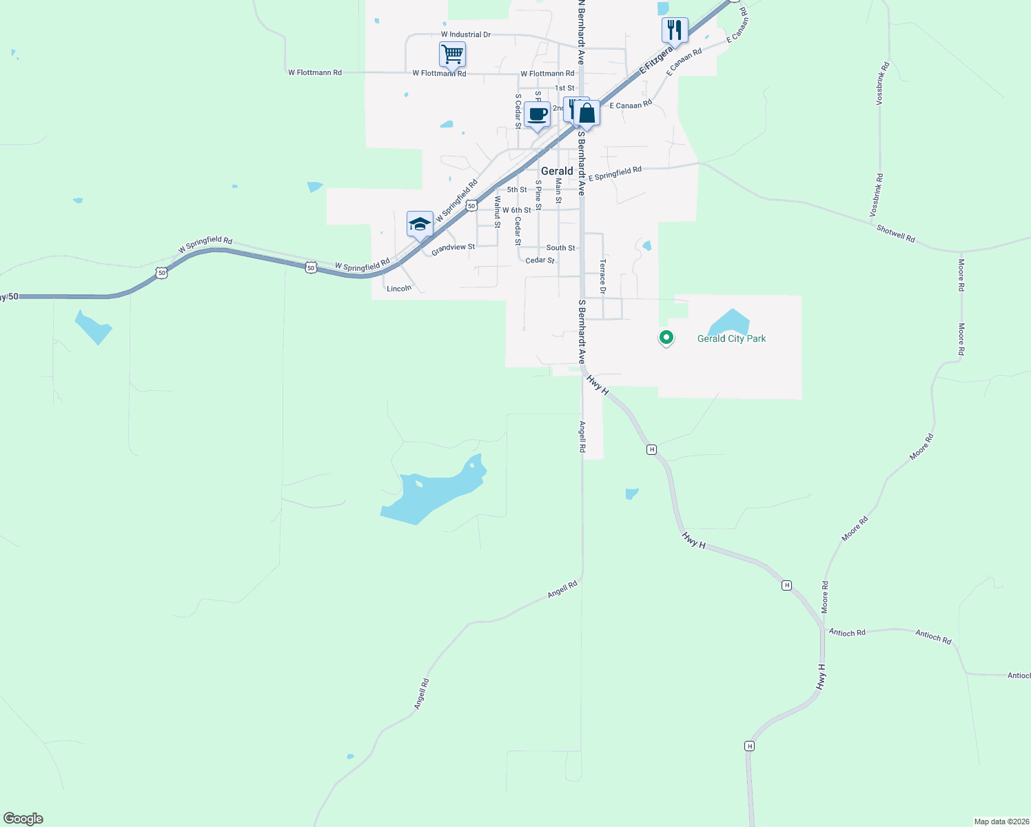 map of restaurants, bars, coffee shops, grocery stores, and more near 240 Foxboro Road in Gerald