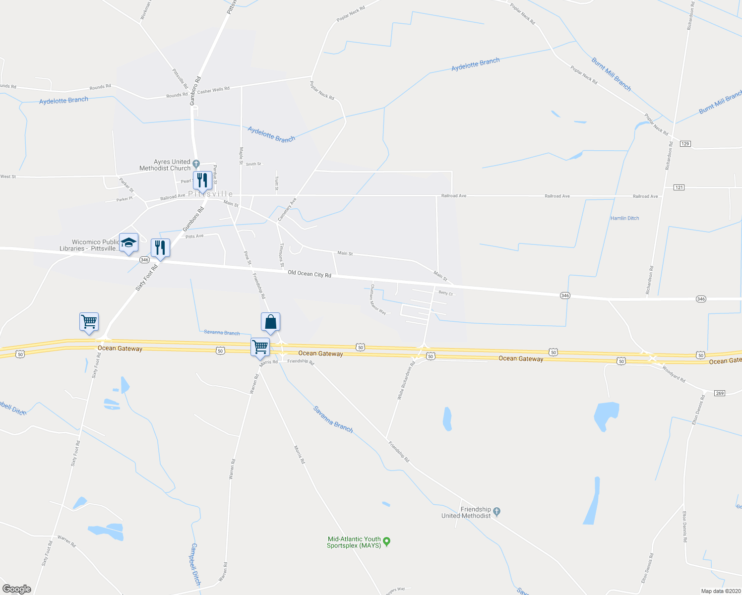 map of restaurants, bars, coffee shops, grocery stores, and more near Chatham Manor Way in Pittsville