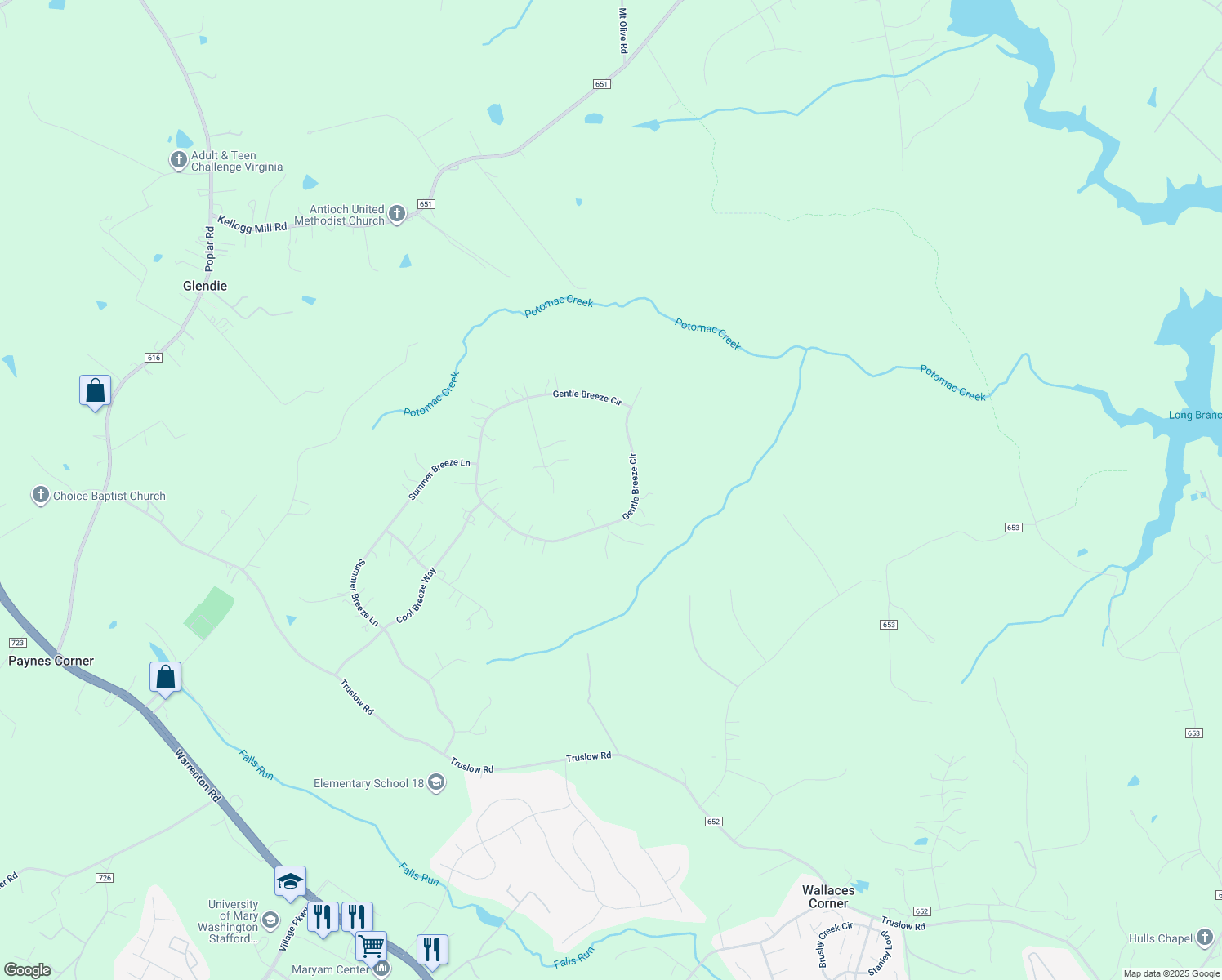 map of restaurants, bars, coffee shops, grocery stores, and more near 285 Gentle Breeze Circle in Fredericksburg
