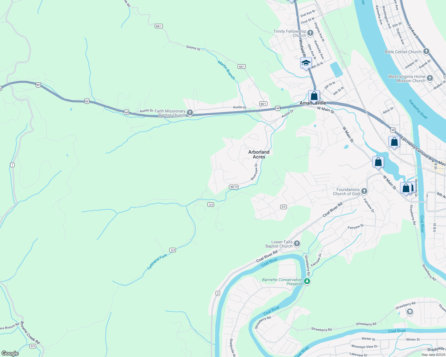 map of restaurants, bars, coffee shops, grocery stores, and more near 200-298 Meadow View Lane in Saint Albans