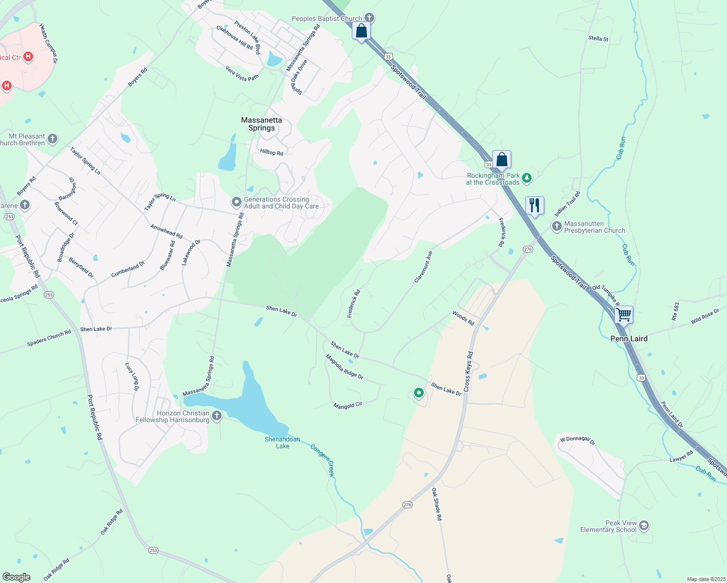 map of restaurants, bars, coffee shops, grocery stores, and more near 145 Keswick Court in Harrisonburg
