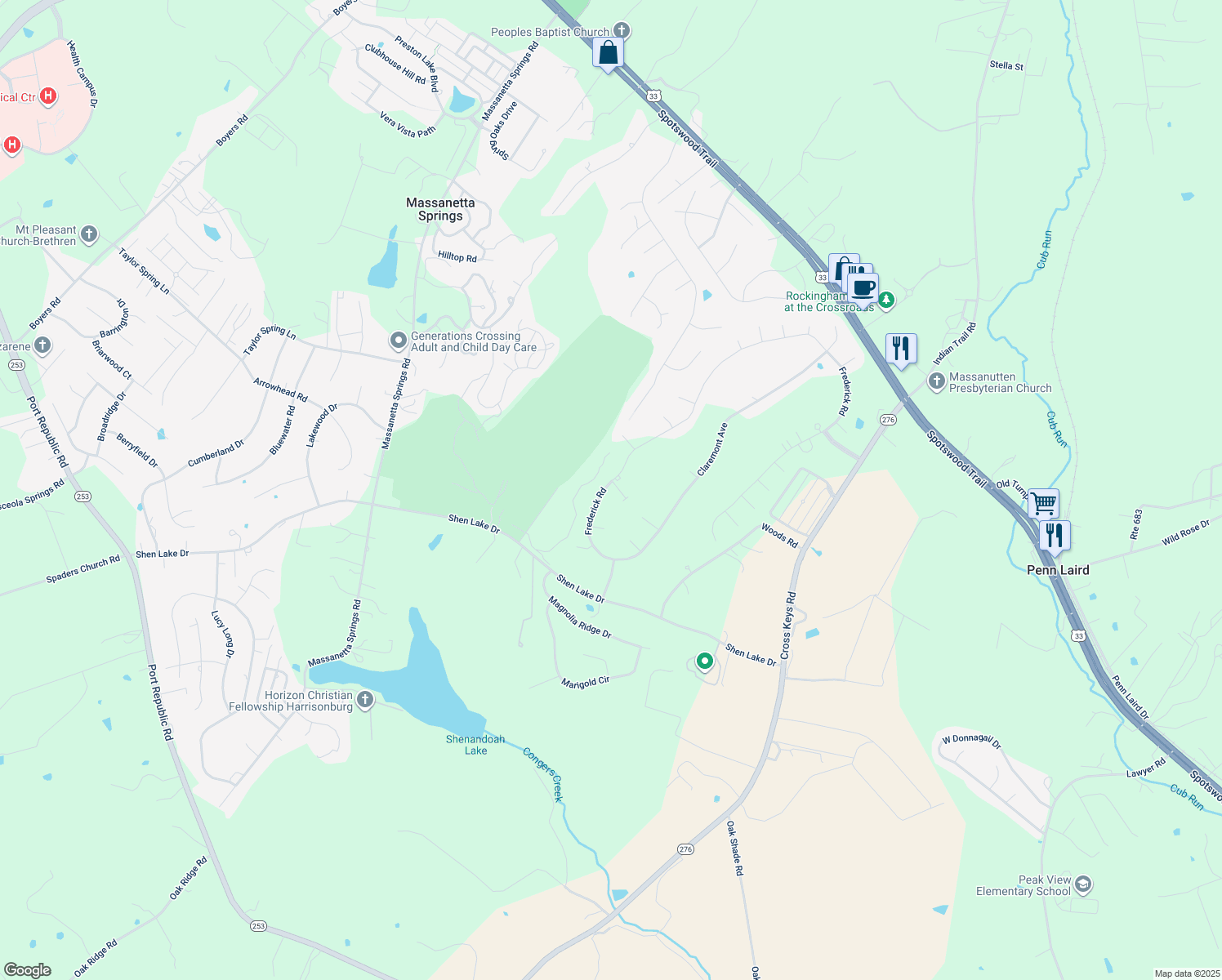 map of restaurants, bars, coffee shops, grocery stores, and more near 145 Keswick Court in Harrisonburg