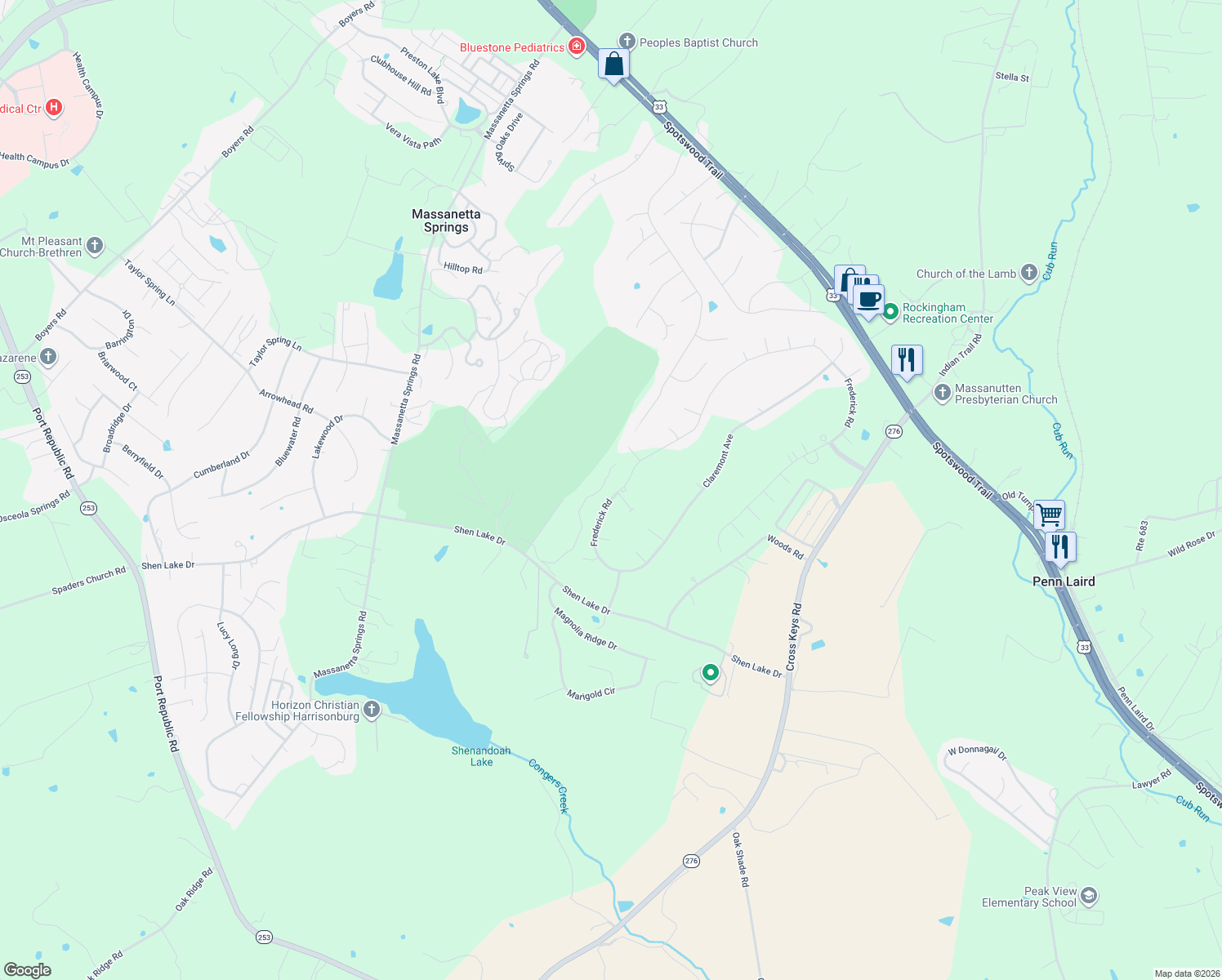 map of restaurants, bars, coffee shops, grocery stores, and more near 1130 Frederick Road in Harrisonburg