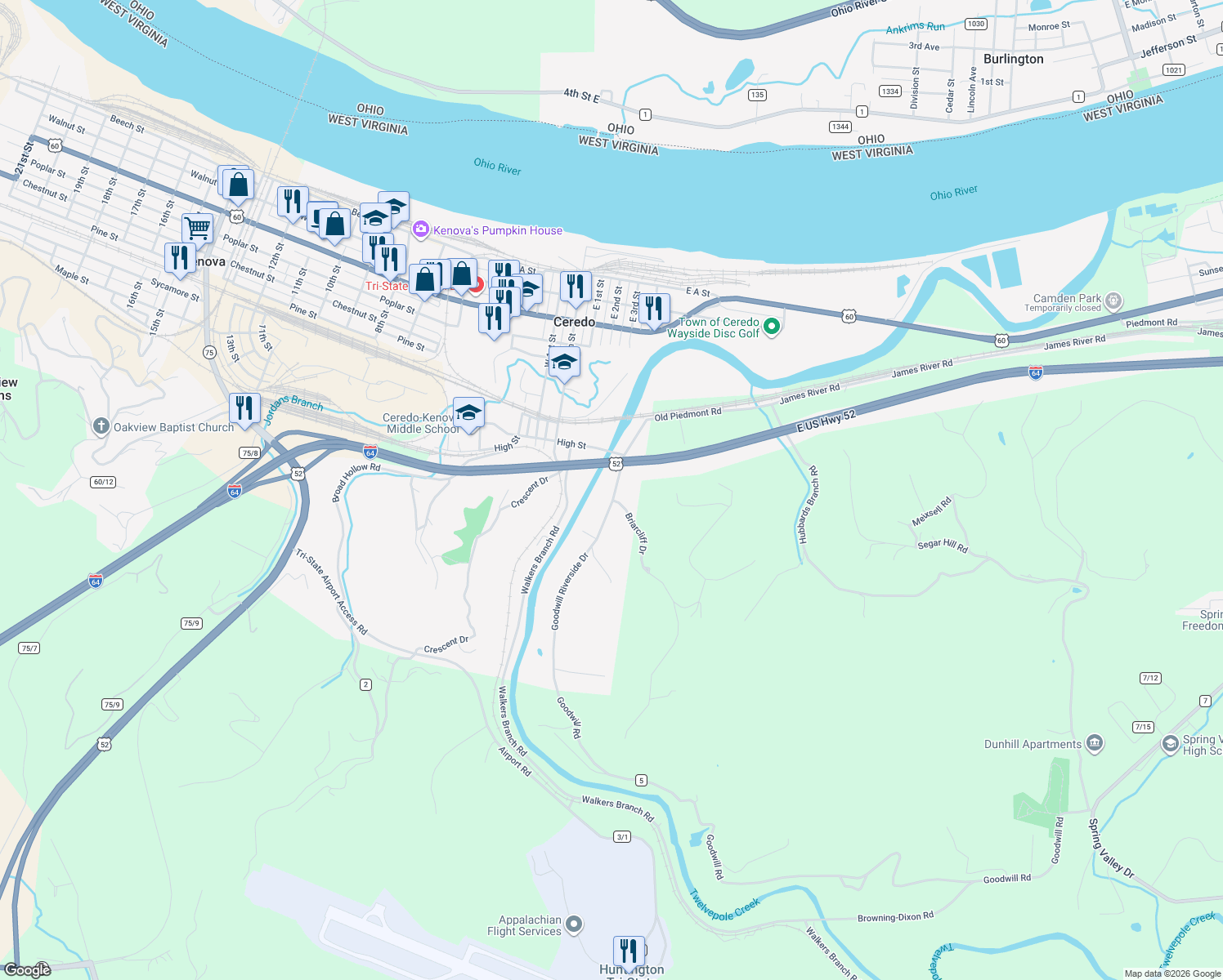 map of restaurants, bars, coffee shops, grocery stores, and more near 106 Goodwill Rd in Huntington