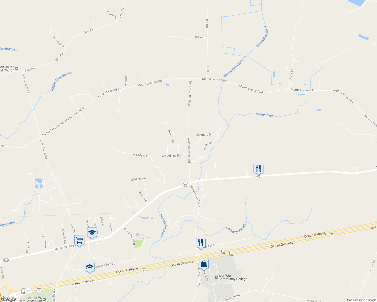map of restaurants, bars, coffee shops, grocery stores, and more near 7208 Walston Switch Road in Parsonsburg