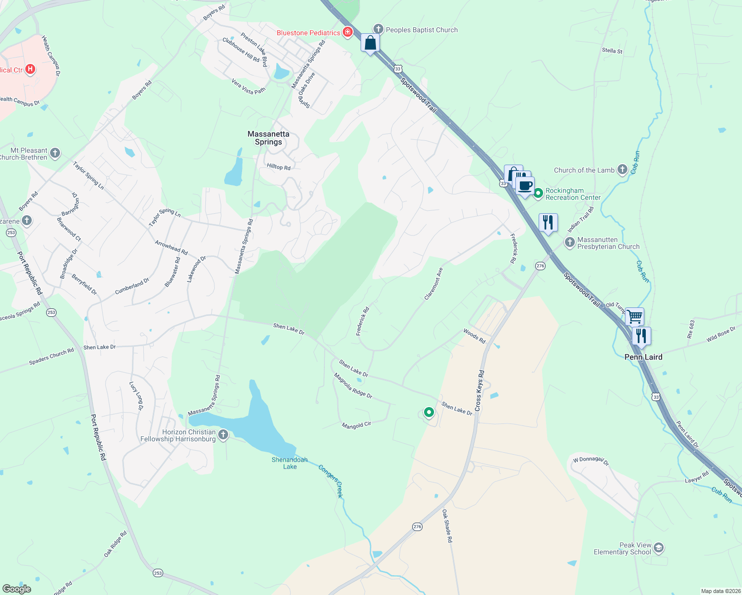 map of restaurants, bars, coffee shops, grocery stores, and more near 1130 Frederick Road in Harrisonburg