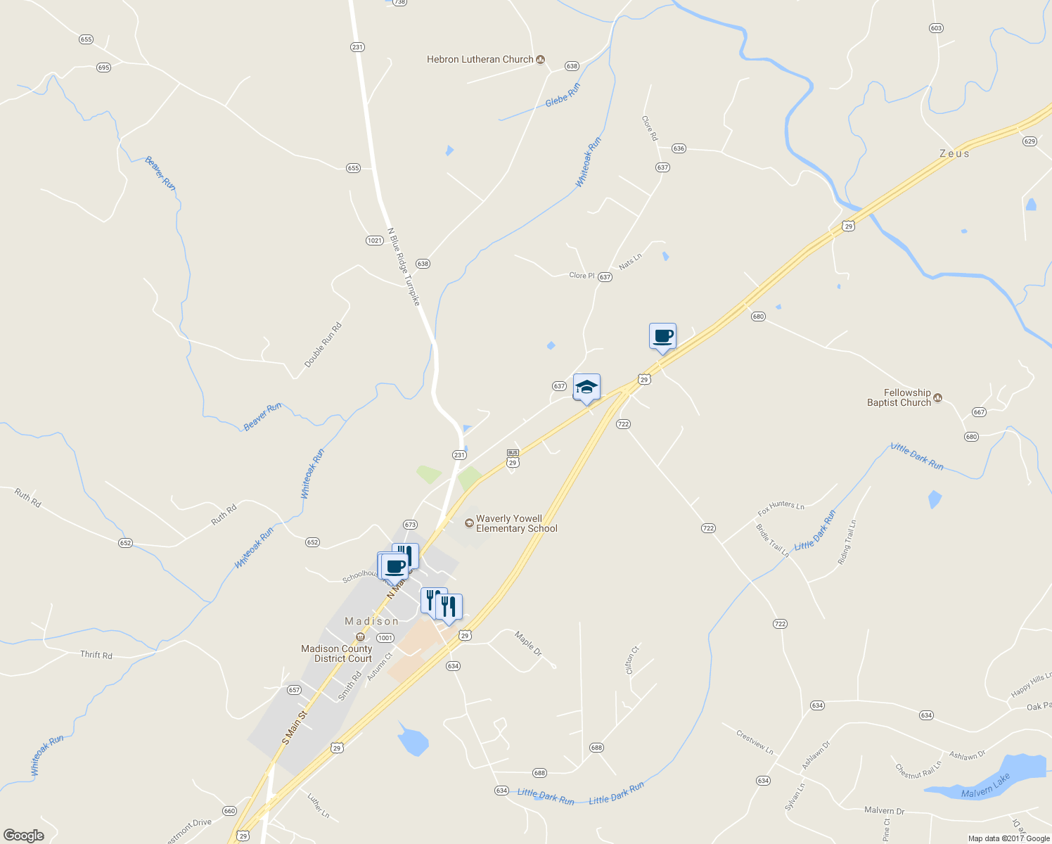 map of restaurants, bars, coffee shops, grocery stores, and more near Cedar Hill Road in Madison
