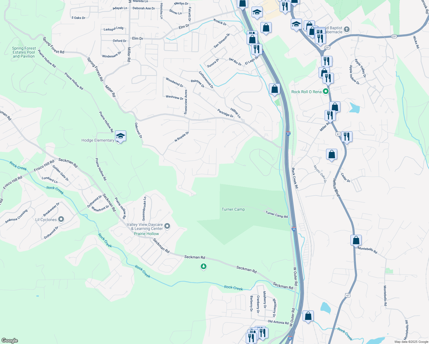 map of restaurants, bars, coffee shops, grocery stores, and more near 5361 Chippendale Lane in Imperial