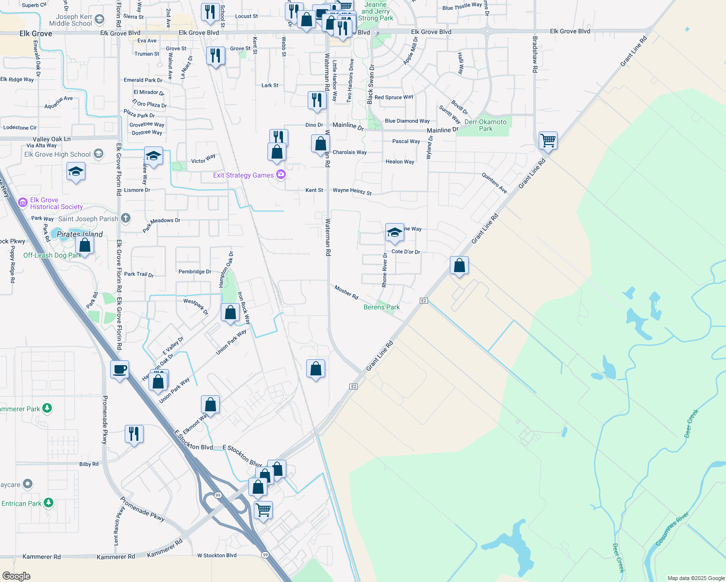 map of restaurants, bars, coffee shops, grocery stores, and more near 9351 Quarter Ranch Court in Elk Grove