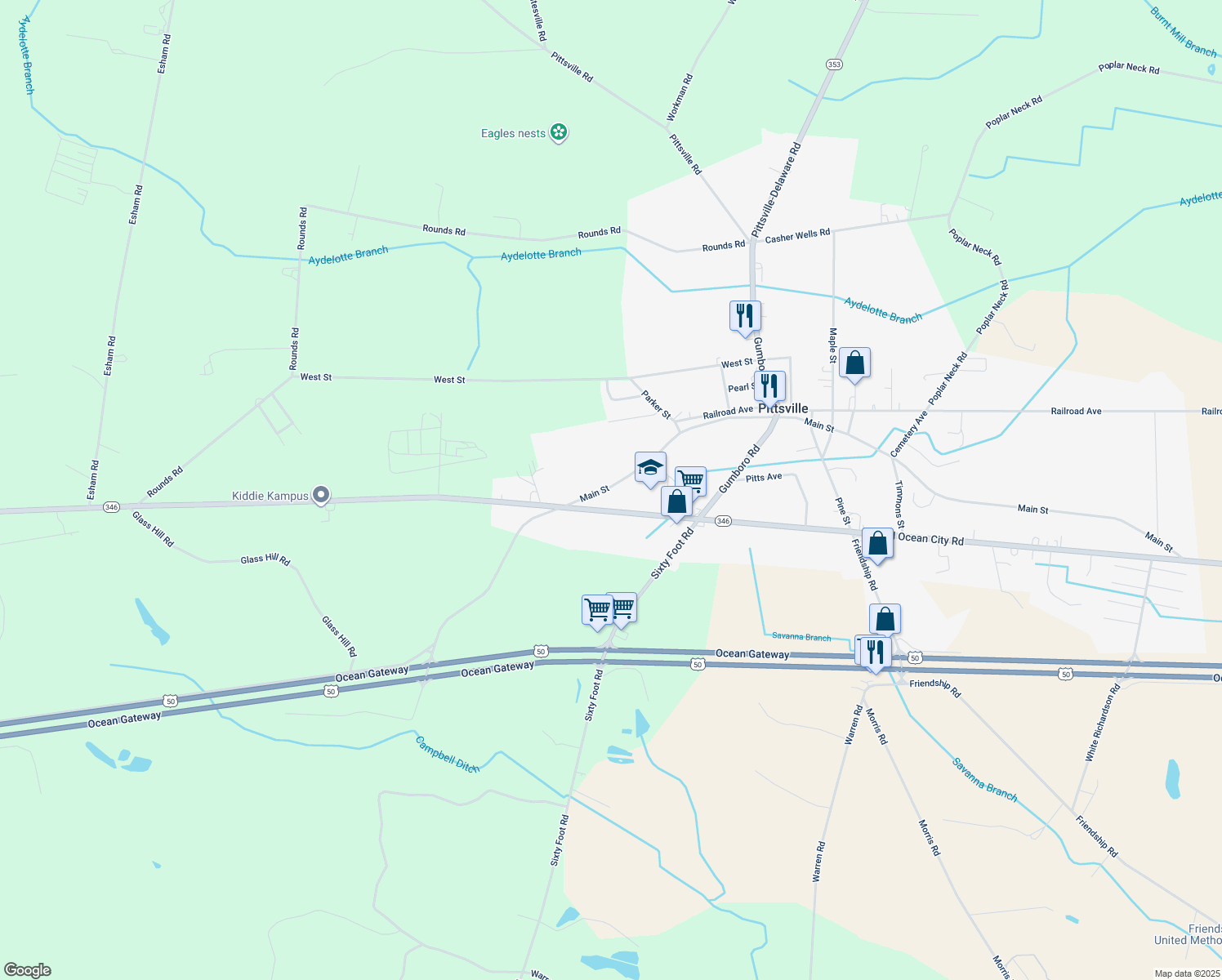 map of restaurants, bars, coffee shops, grocery stores, and more near 34313 Main Street in Pittsville