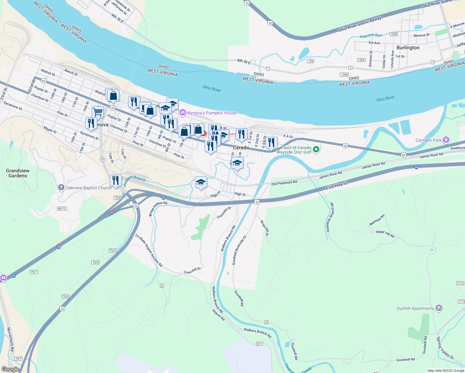 map of restaurants, bars, coffee shops, grocery stores, and more near 701 Main St in Huntington