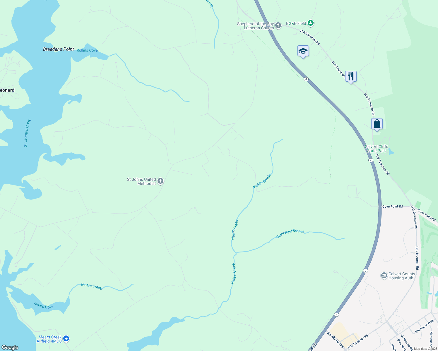 map of restaurants, bars, coffee shops, grocery stores, and more near 1045 Hyland Lane in Lusby