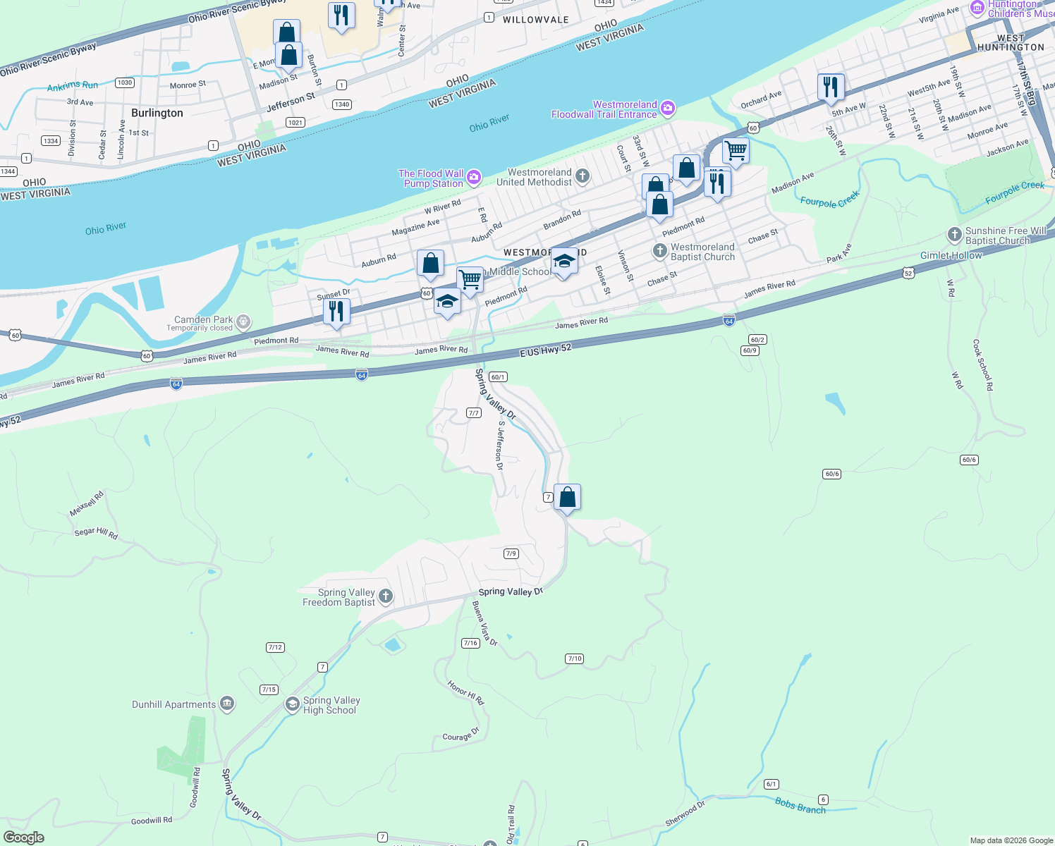 map of restaurants, bars, coffee shops, grocery stores, and more near 1216 Spring Valley Dr in Huntington