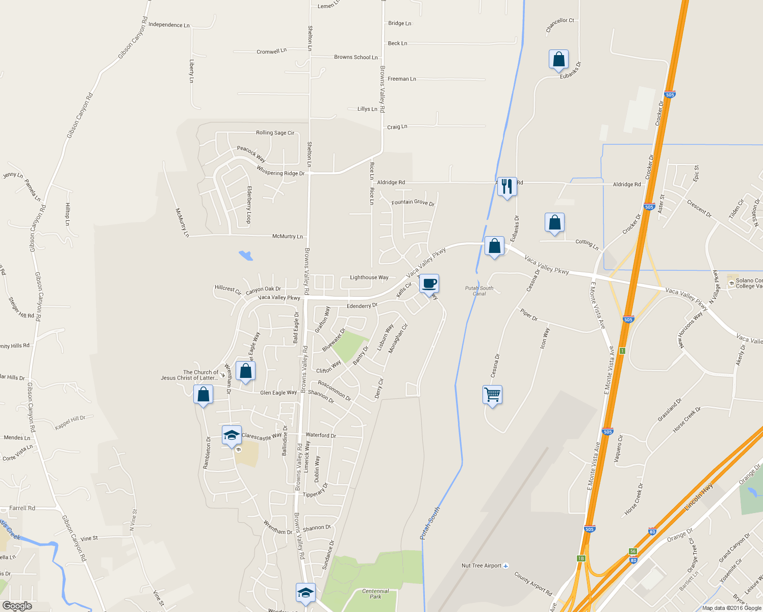 map of restaurants, bars, coffee shops, grocery stores, and more near 664 Edenderry Drive in Vacaville
