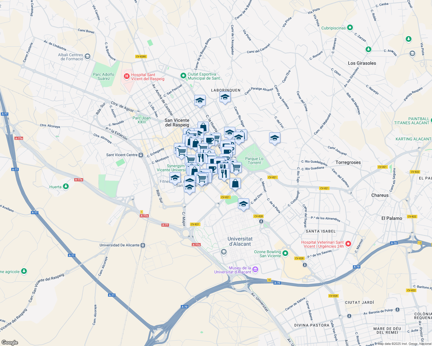 map of restaurants, bars, coffee shops, grocery stores, and more near 72 Calle Alicante in San Vicente del Raspeig