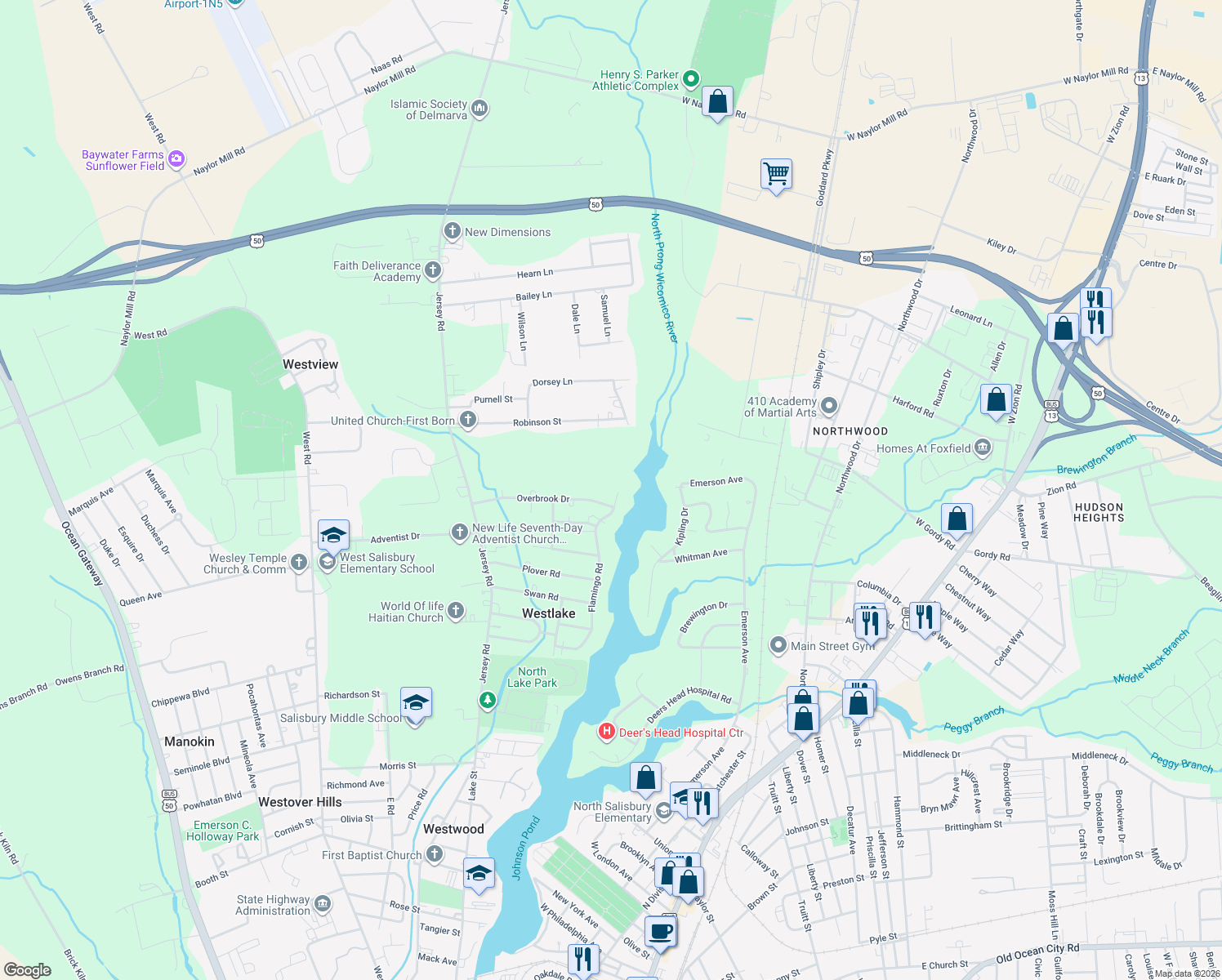 map of restaurants, bars, coffee shops, grocery stores, and more near 401 Overbrook Drive in Salisbury