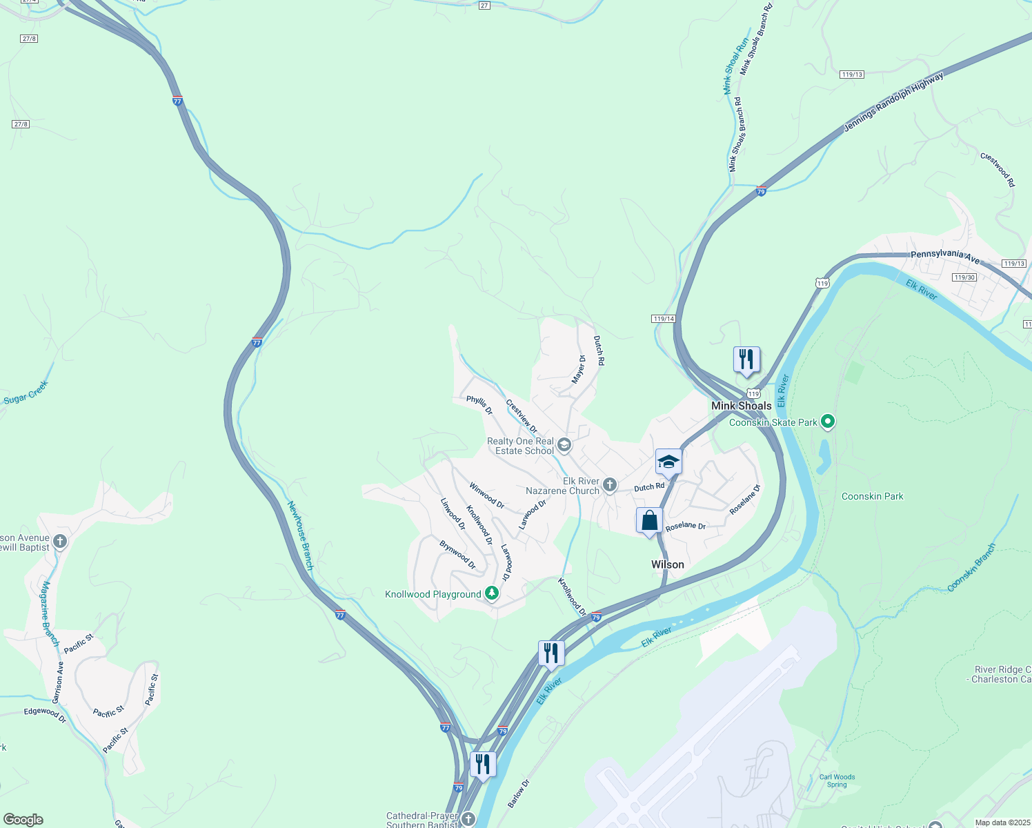 map of restaurants, bars, coffee shops, grocery stores, and more near 405 Crestview Dr in Charleston