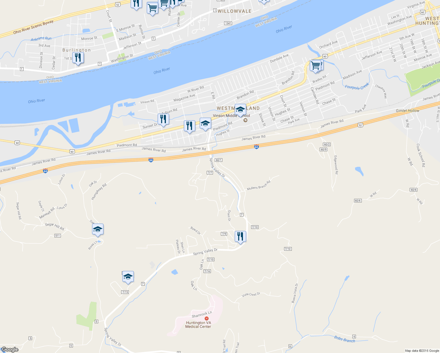 map of restaurants, bars, coffee shops, grocery stores, and more near 1110 South Jefferson Drive in Huntington
