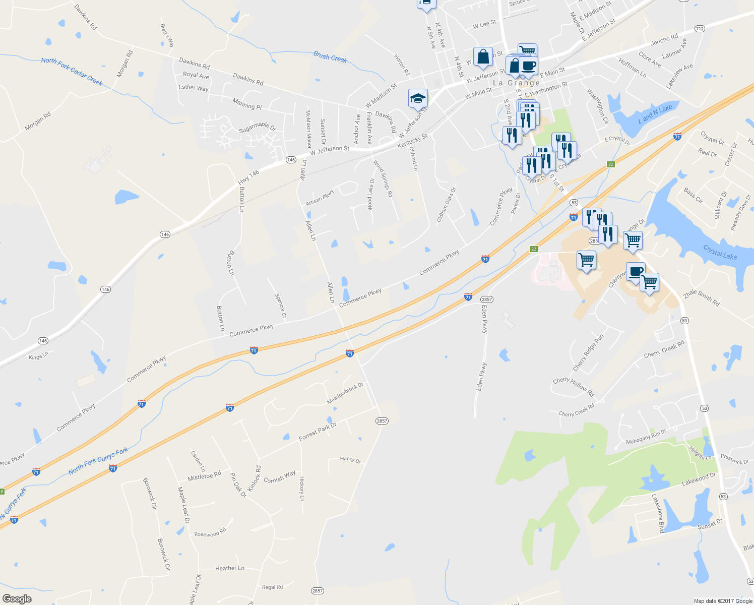 map of restaurants, bars, coffee shops, grocery stores, and more near 1786 Commerce Parkway in La Grange