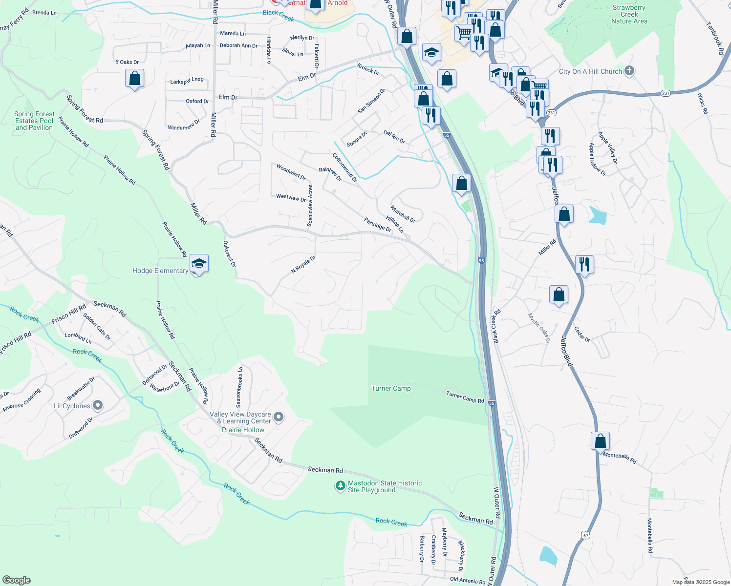 map of restaurants, bars, coffee shops, grocery stores, and more near 5271 Chippendale Lane in Imperial