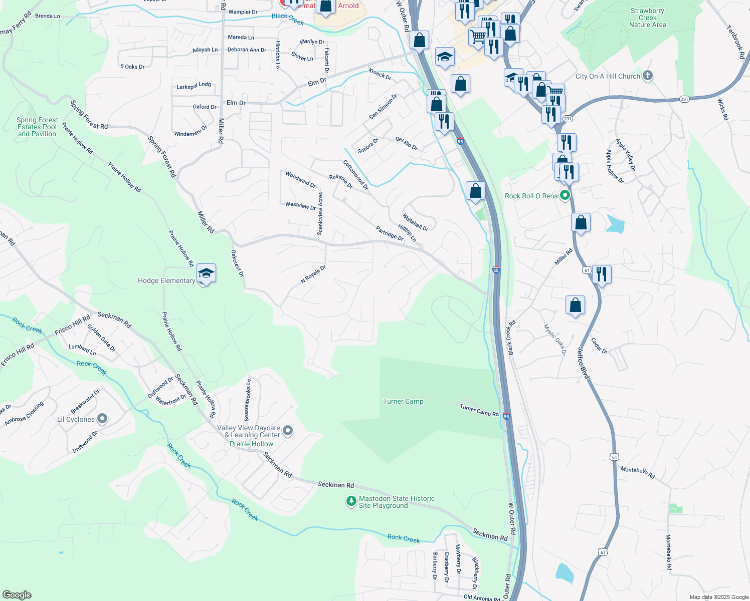map of restaurants, bars, coffee shops, grocery stores, and more near 5205 Chippendale Lane in Imperial