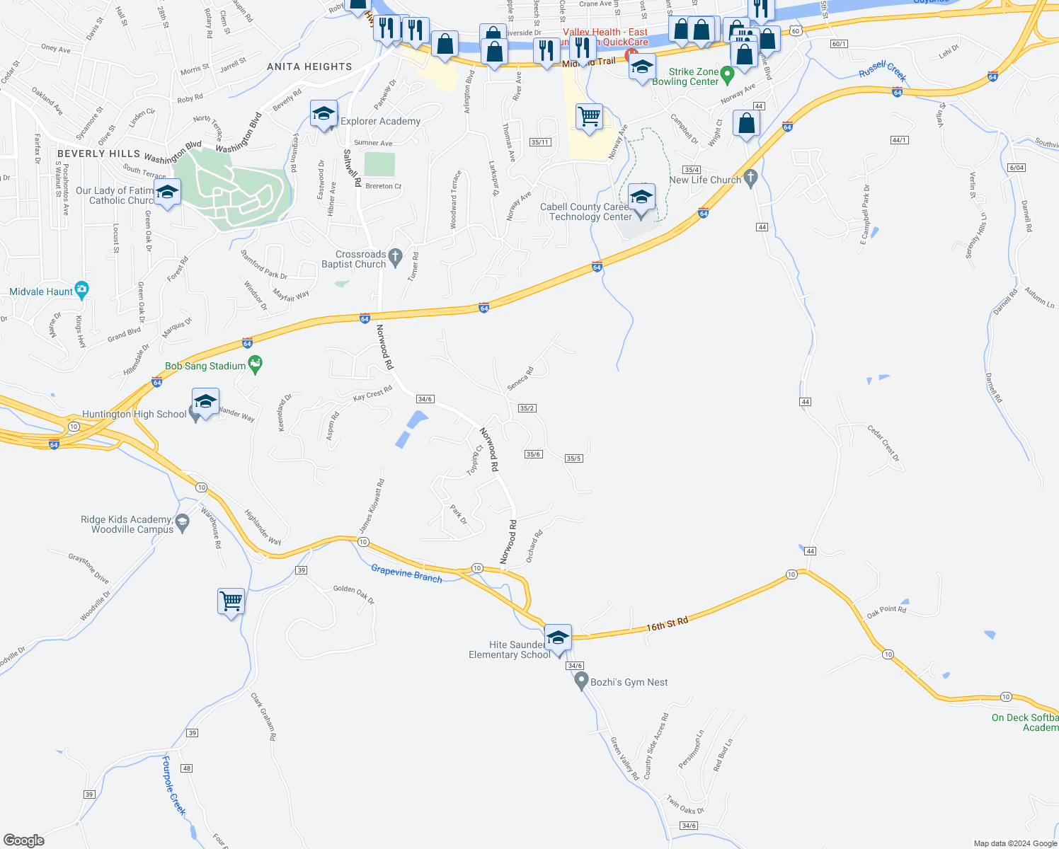 map of restaurants, bars, coffee shops, grocery stores, and more near 5 Seneca Road in Huntington