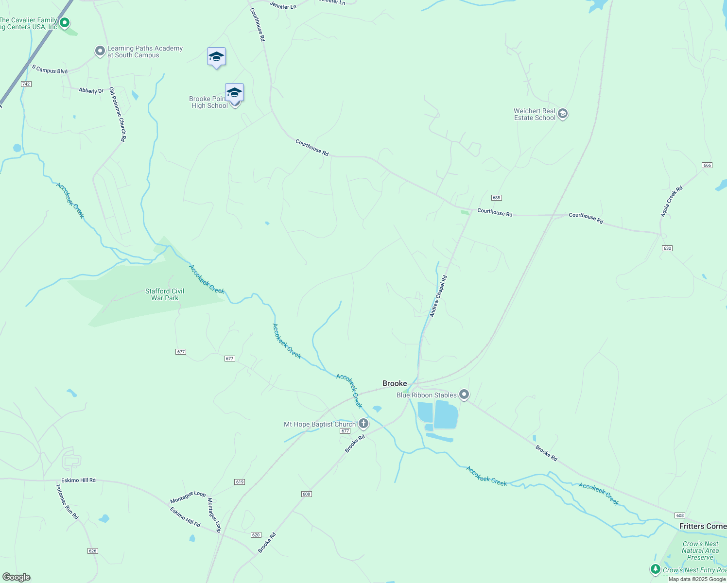 map of restaurants, bars, coffee shops, grocery stores, and more near 39 High Ridge Drive in Stafford