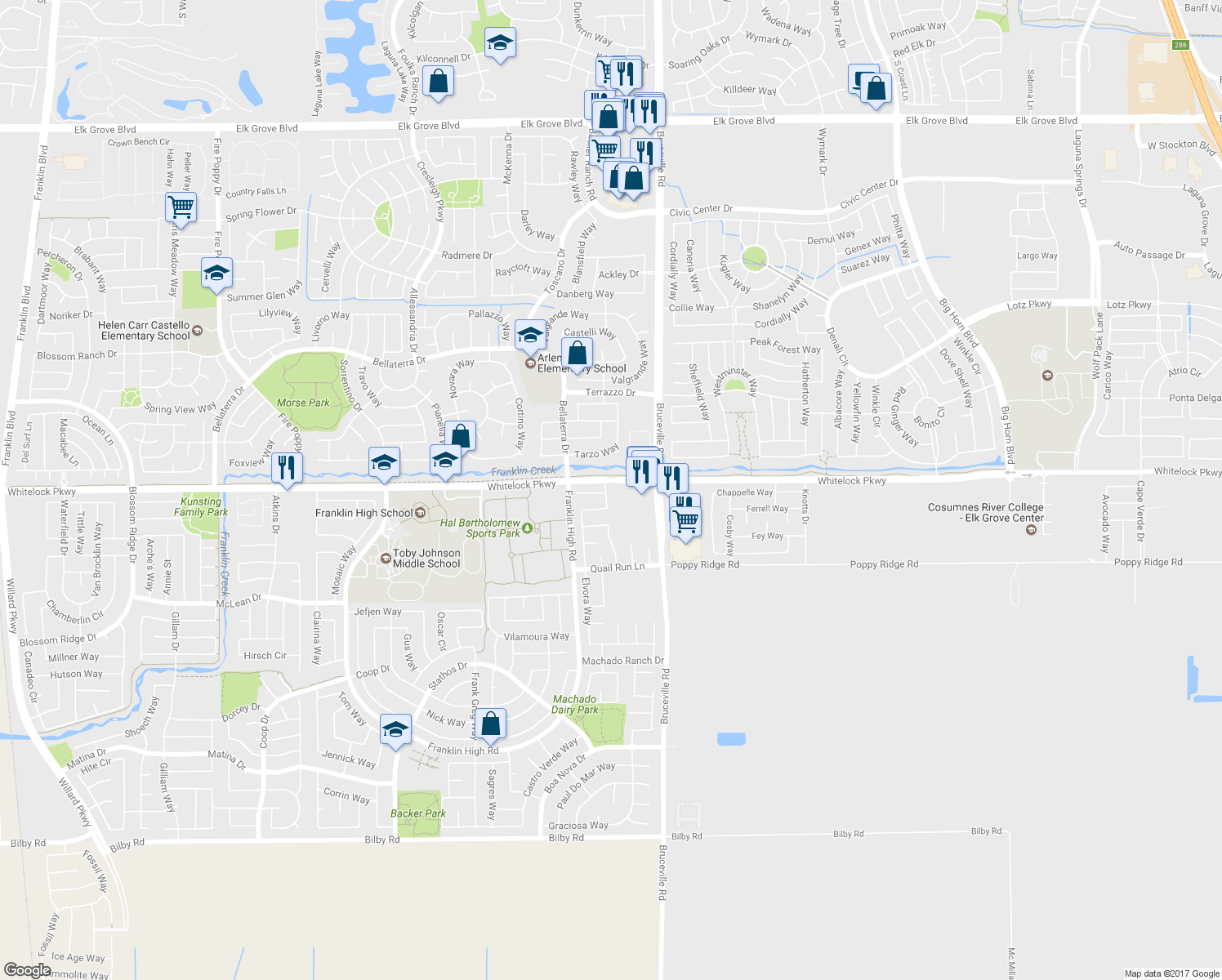 map of restaurants, bars, coffee shops, grocery stores, and more near 10005 Schuler Ranch Rd in Elk Grove