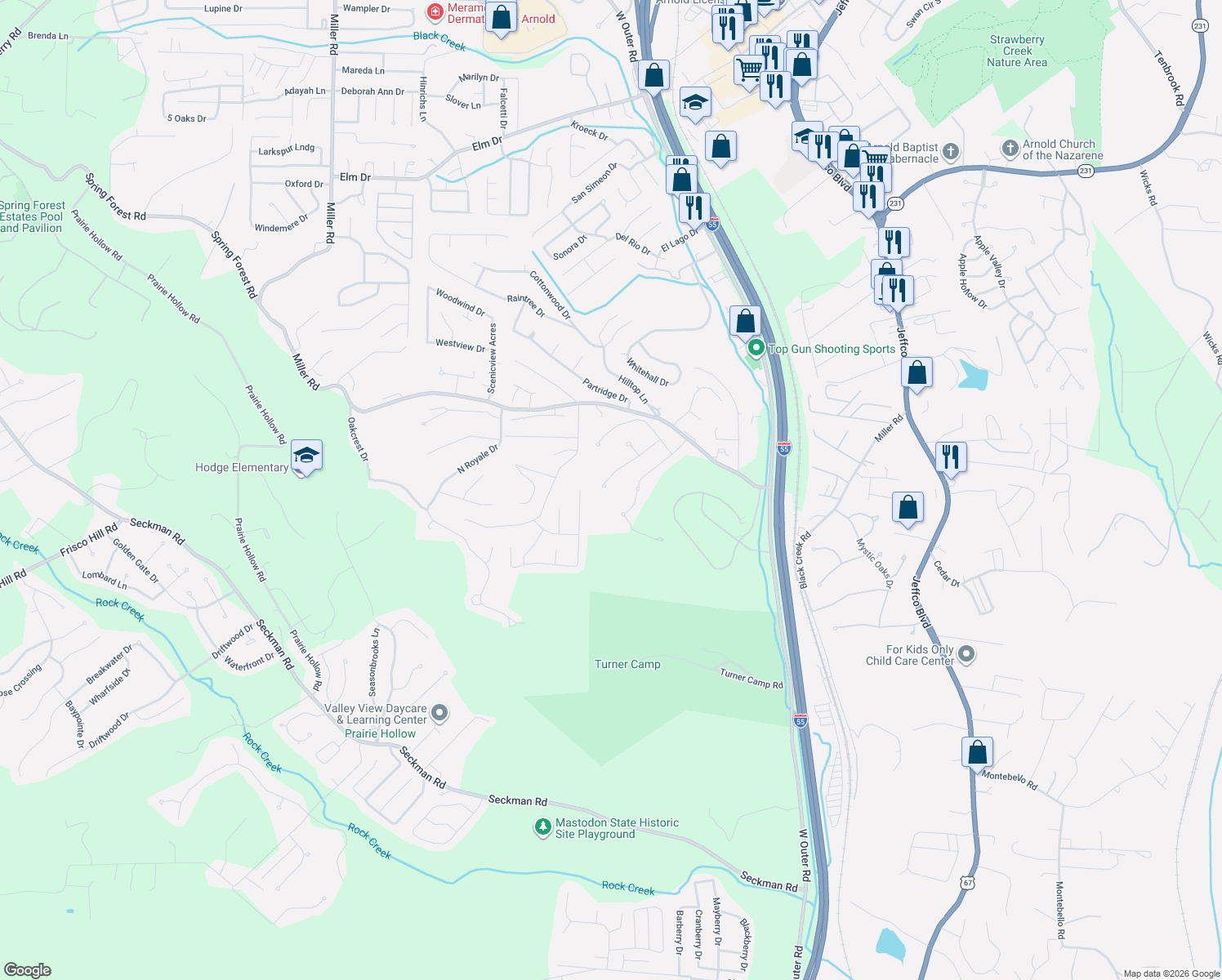 map of restaurants, bars, coffee shops, grocery stores, and more near 5161 Georgine Drive in Imperial