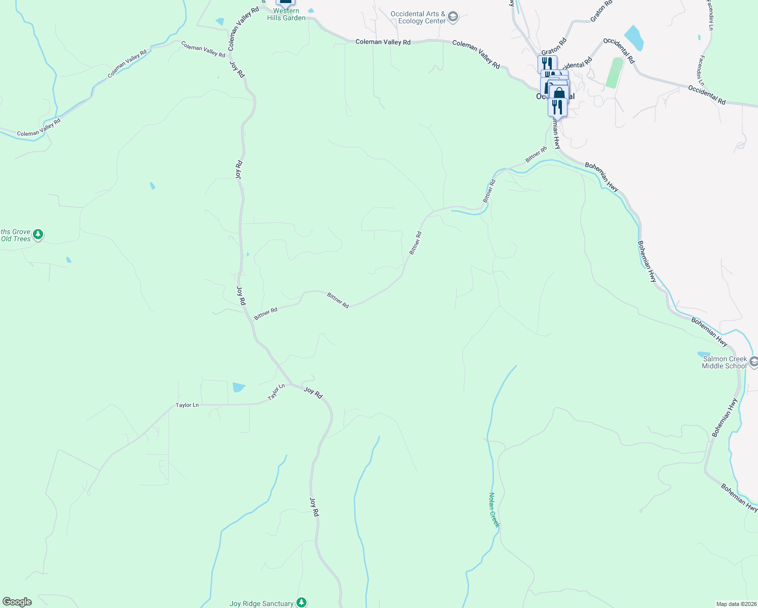 map of restaurants, bars, coffee shops, grocery stores, and more near 16125 Bittner Road in Occidental