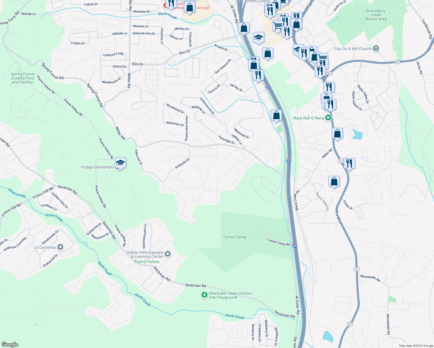 map of restaurants, bars, coffee shops, grocery stores, and more near 5205 Chippendale Lane in Imperial