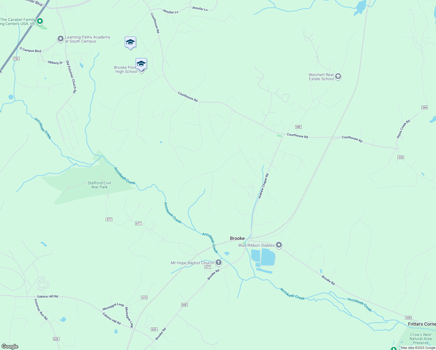 map of restaurants, bars, coffee shops, grocery stores, and more near 68 Falling Creek Dr in Stafford