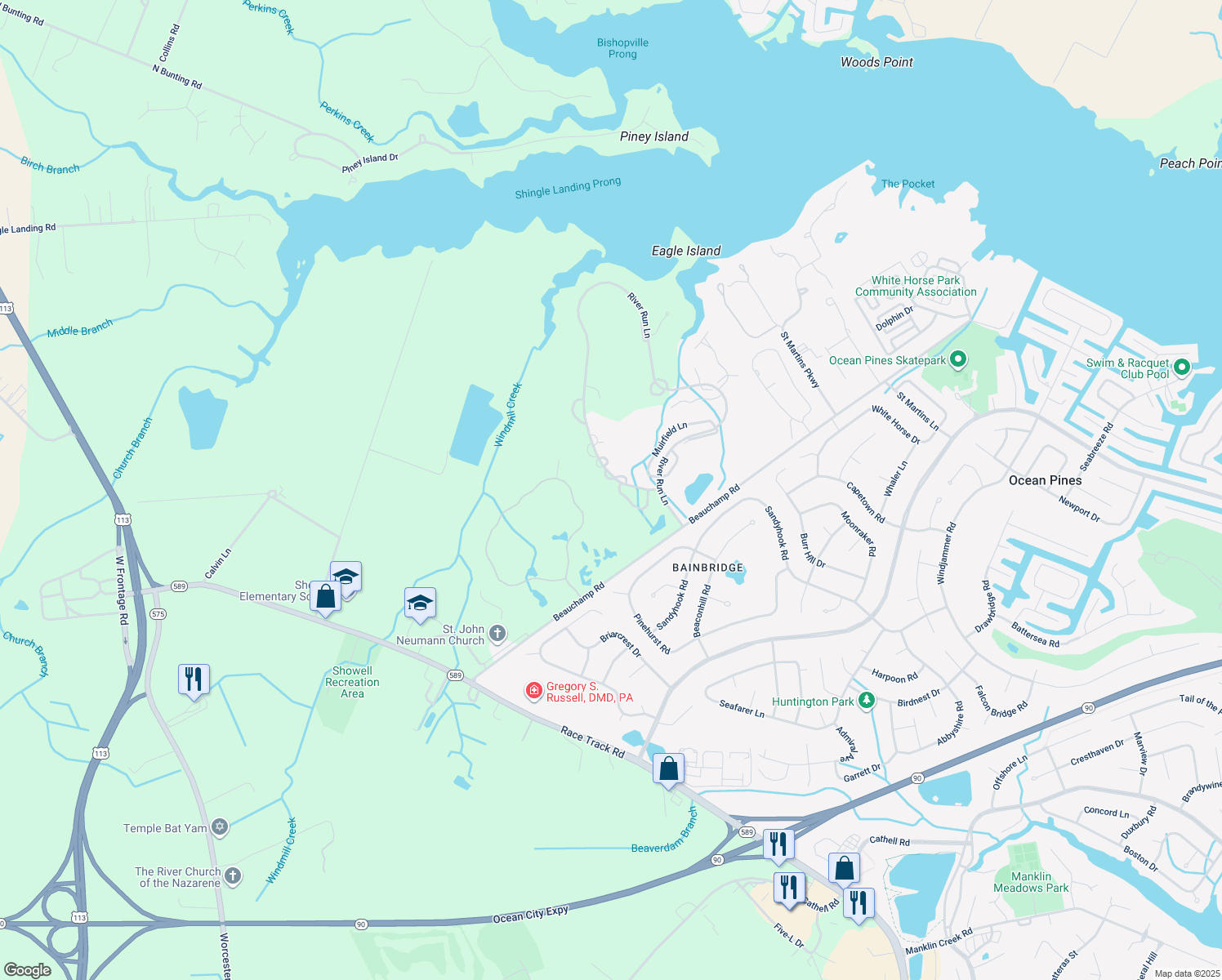 map of restaurants, bars, coffee shops, grocery stores, and more near 11303 River Run Lane in Berlin