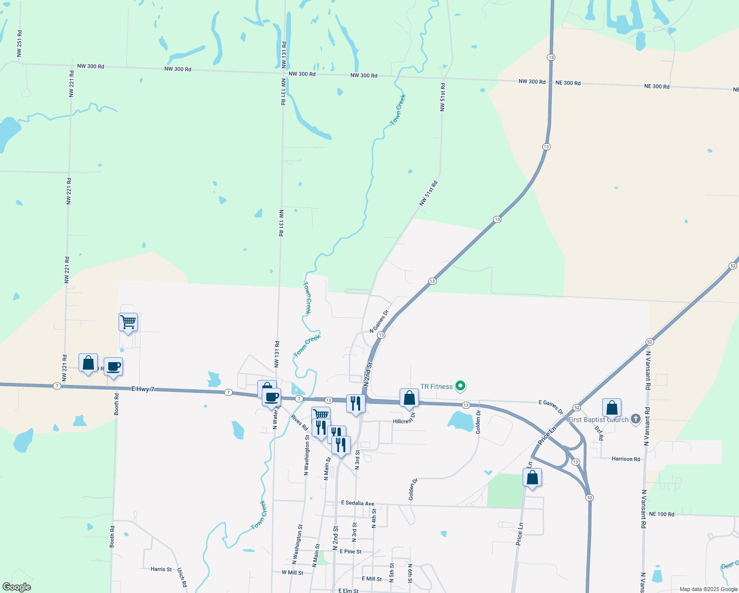 map of restaurants, bars, coffee shops, grocery stores, and more near 2111 N Antioch Dr in Clinton