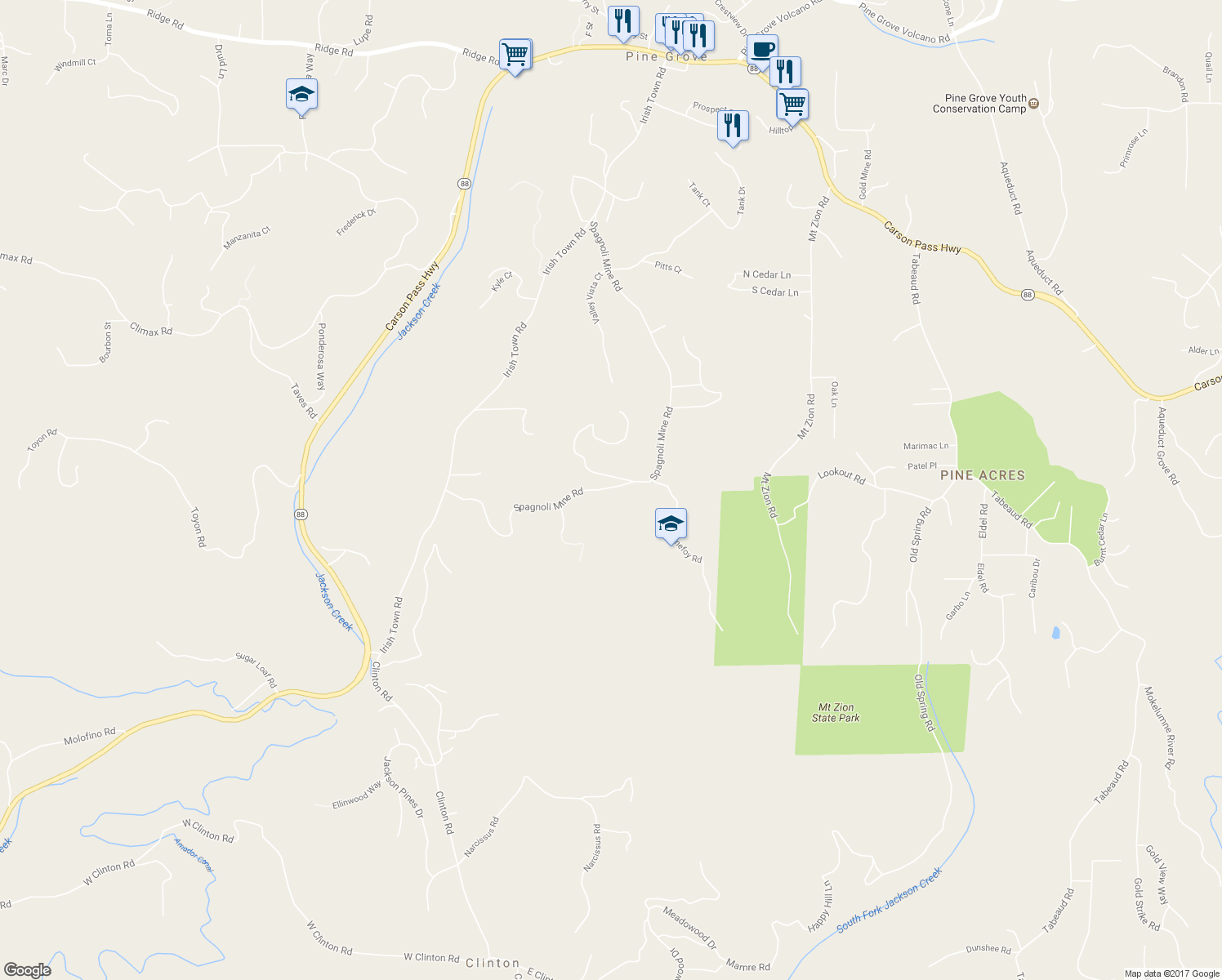 map of restaurants, bars, coffee shops, grocery stores, and more near 12970 Spagnoli Mine Road in Pine Grove