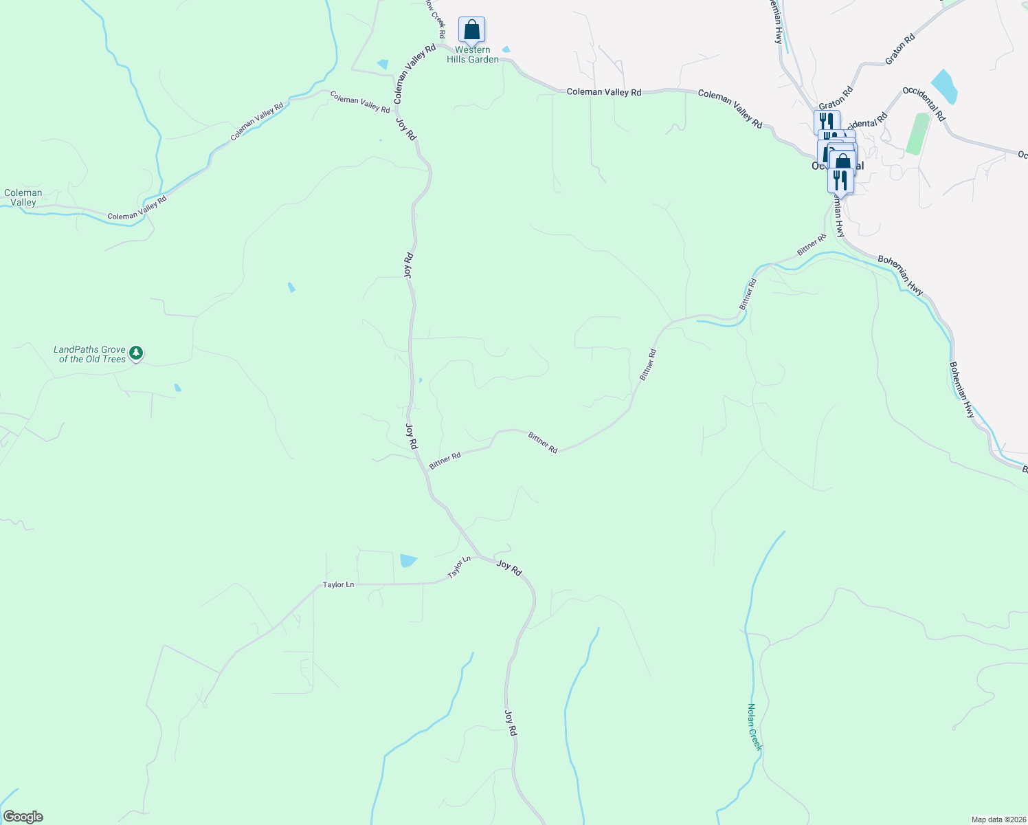 map of restaurants, bars, coffee shops, grocery stores, and more near 16500 Bittner Road in Occidental