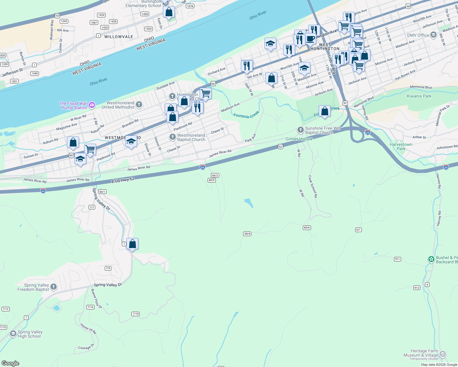 map of restaurants, bars, coffee shops, grocery stores, and more near 1680 Edgewood Drive in Huntington