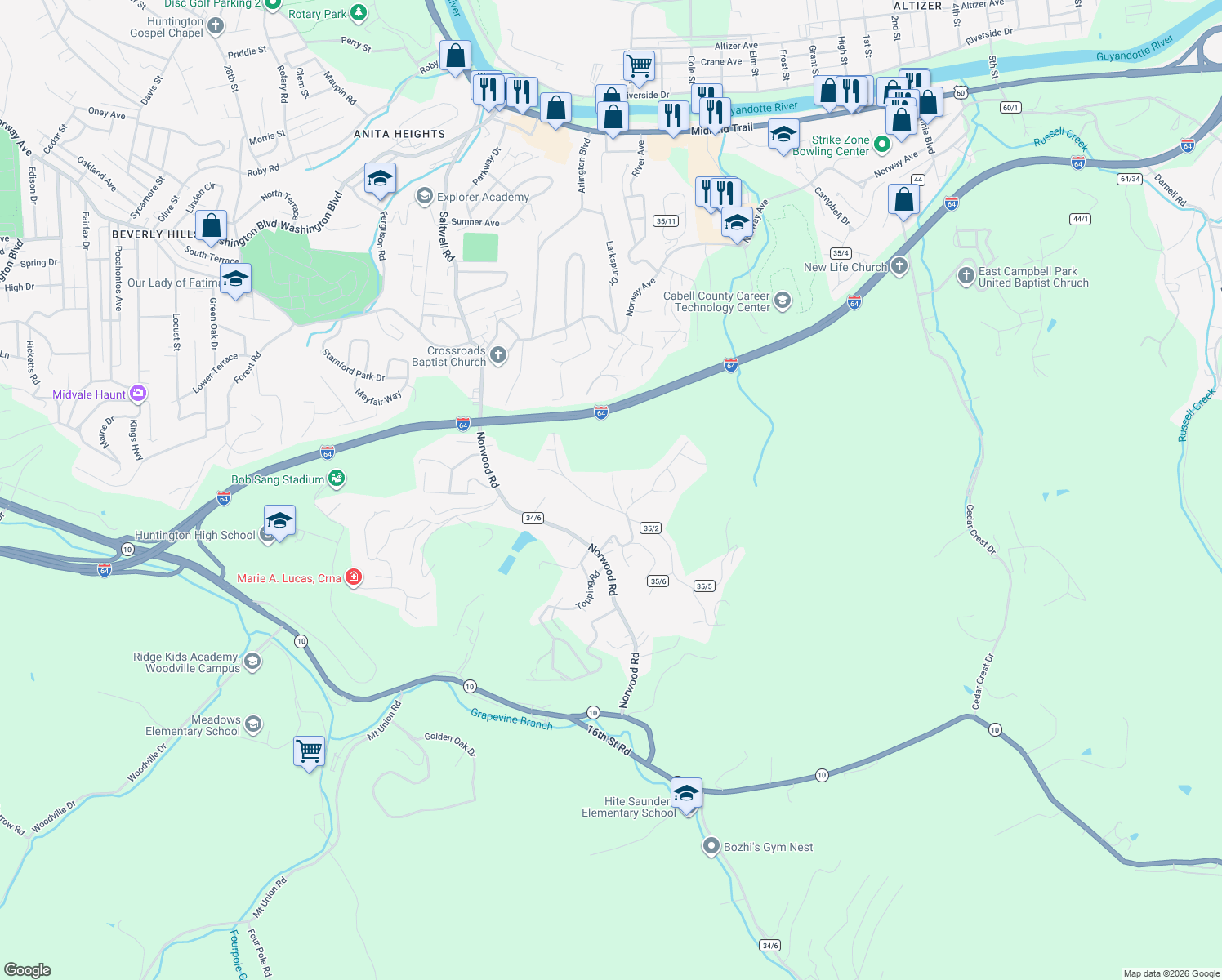 map of restaurants, bars, coffee shops, grocery stores, and more near 1-29 County Road 35/2 in Huntington