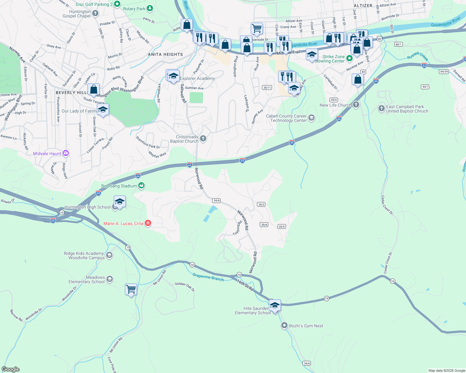 map of restaurants, bars, coffee shops, grocery stores, and more near 20 Mohawk Trail in Huntington
