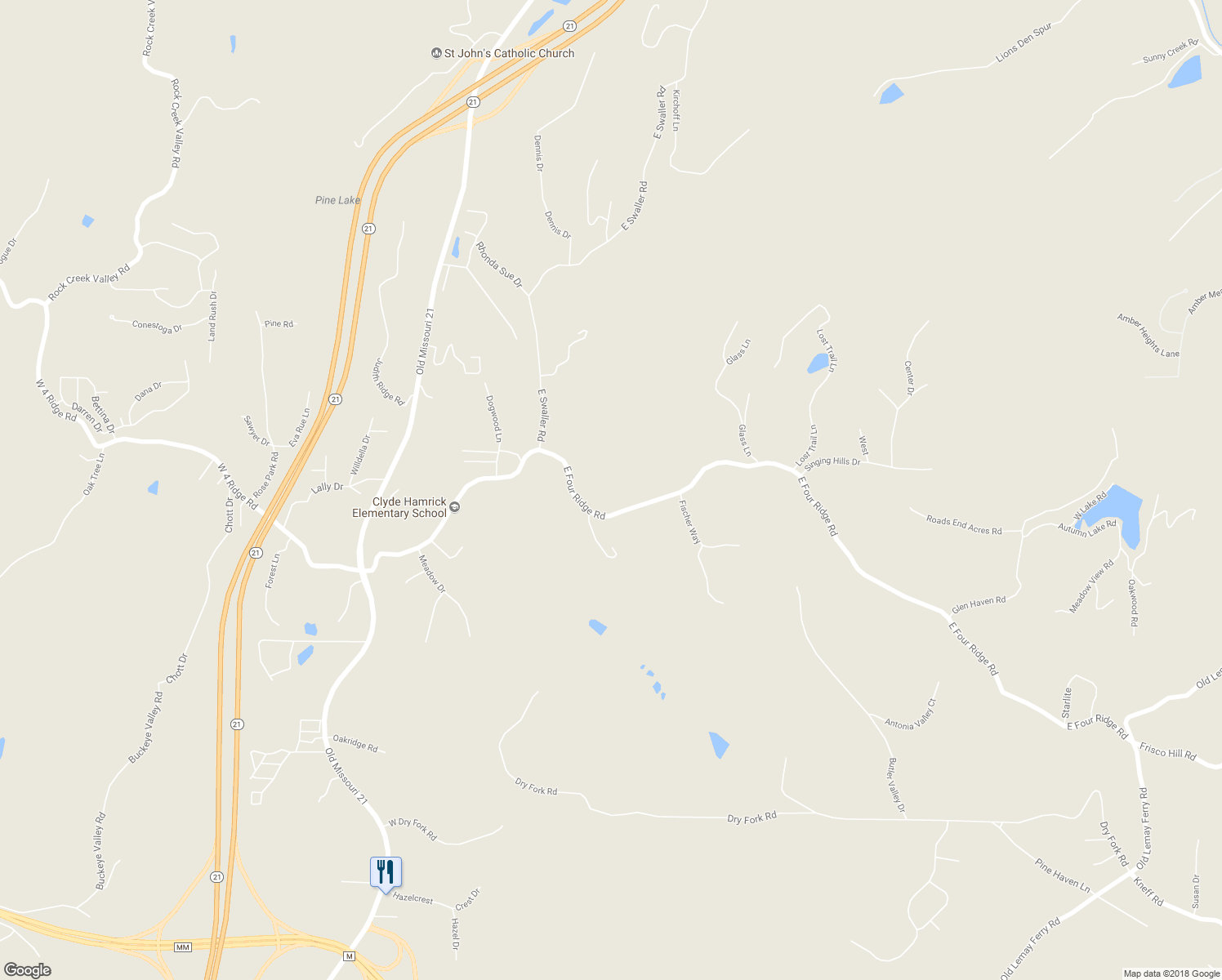 map of restaurants, bars, coffee shops, grocery stores, and more near 4201 East Four Ridge Road in Imperial
