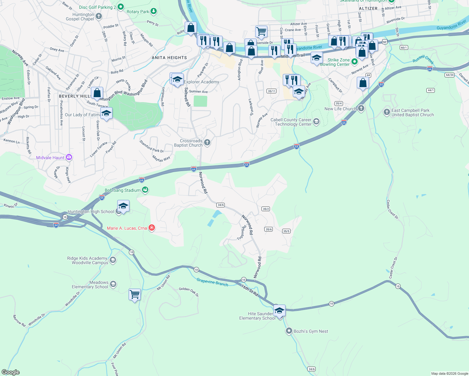 map of restaurants, bars, coffee shops, grocery stores, and more near 20 Mohawk Trail in Huntington